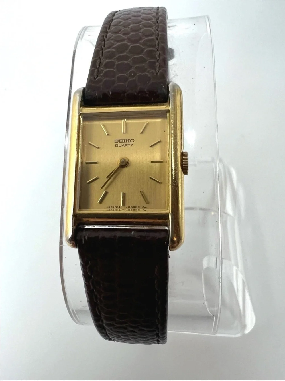 Seiko Gold Tone Rectangular Watch with Dark Brown Leather Strap